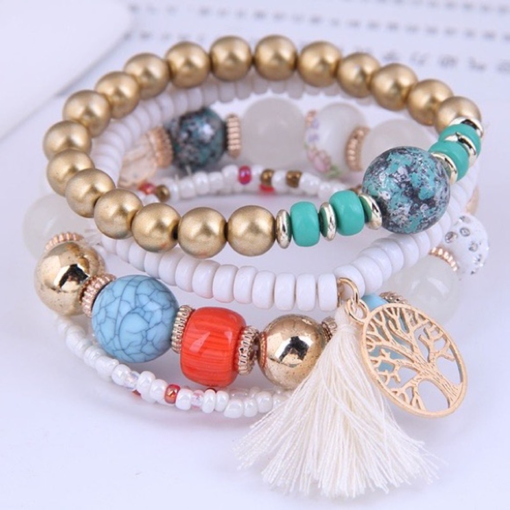 Black White or Blue Tree of Life Tassel Stretch Bracelets - Picture 3 of 4